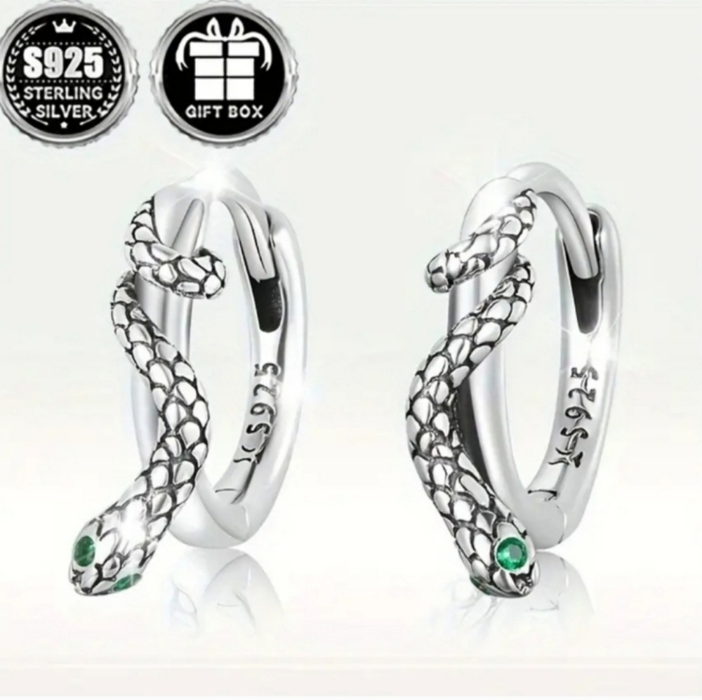 Ladies Silver and Green Snake Hoop Earrings